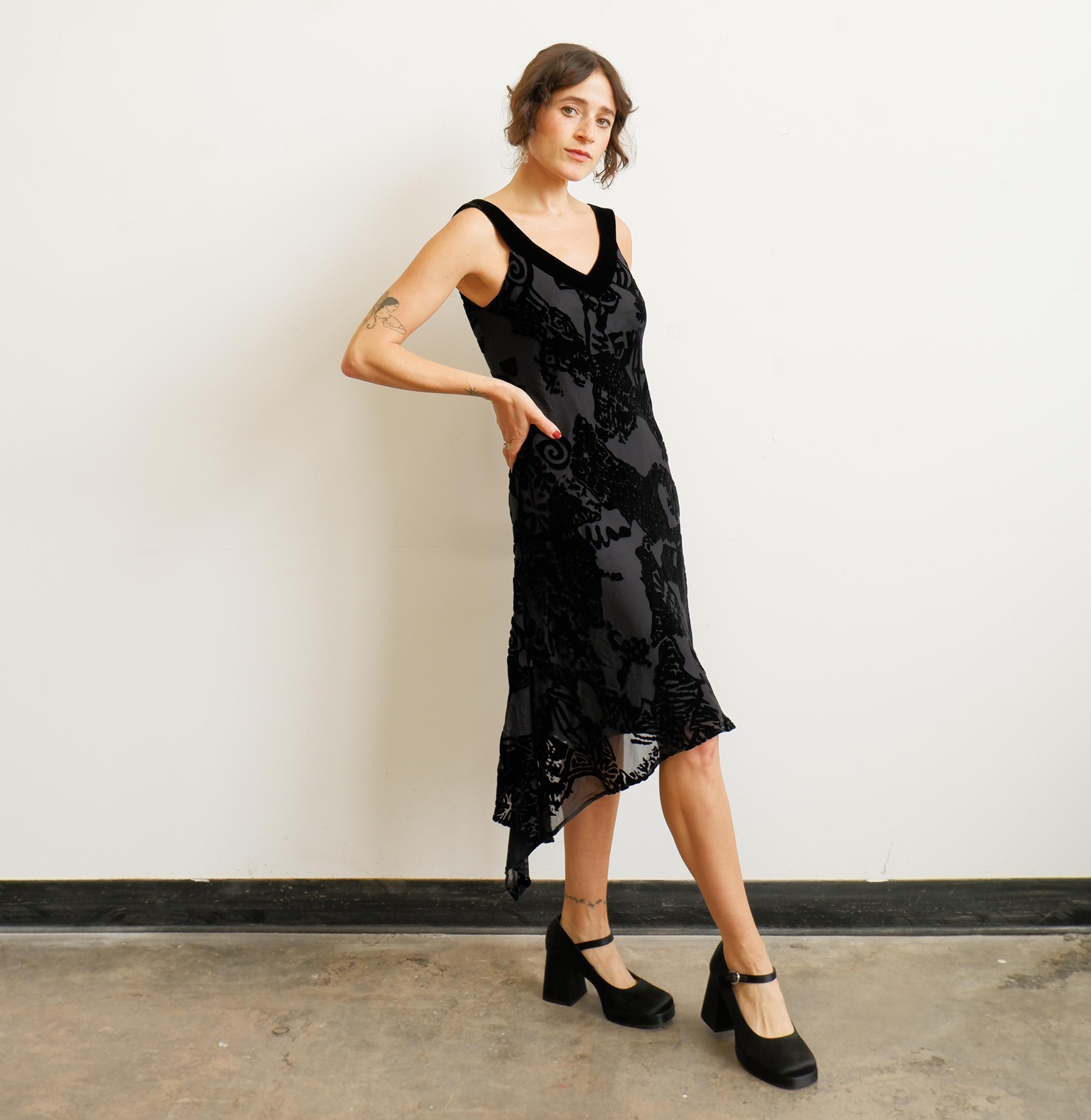 Vintage Black Burnout Velvet Bias Cut Dress With Asymmetrical Hem ...