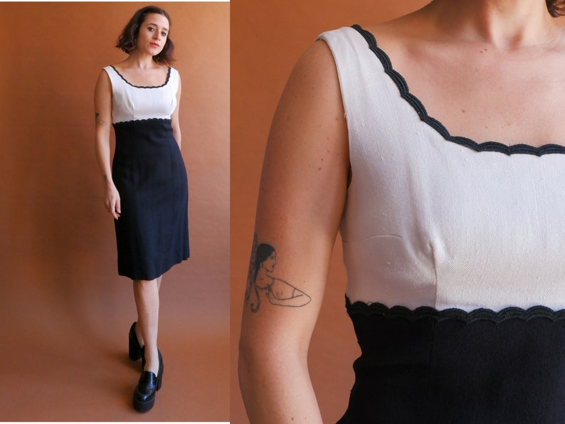 Vintage 60s Black White Scalloped Dress/ Size Medium image 1