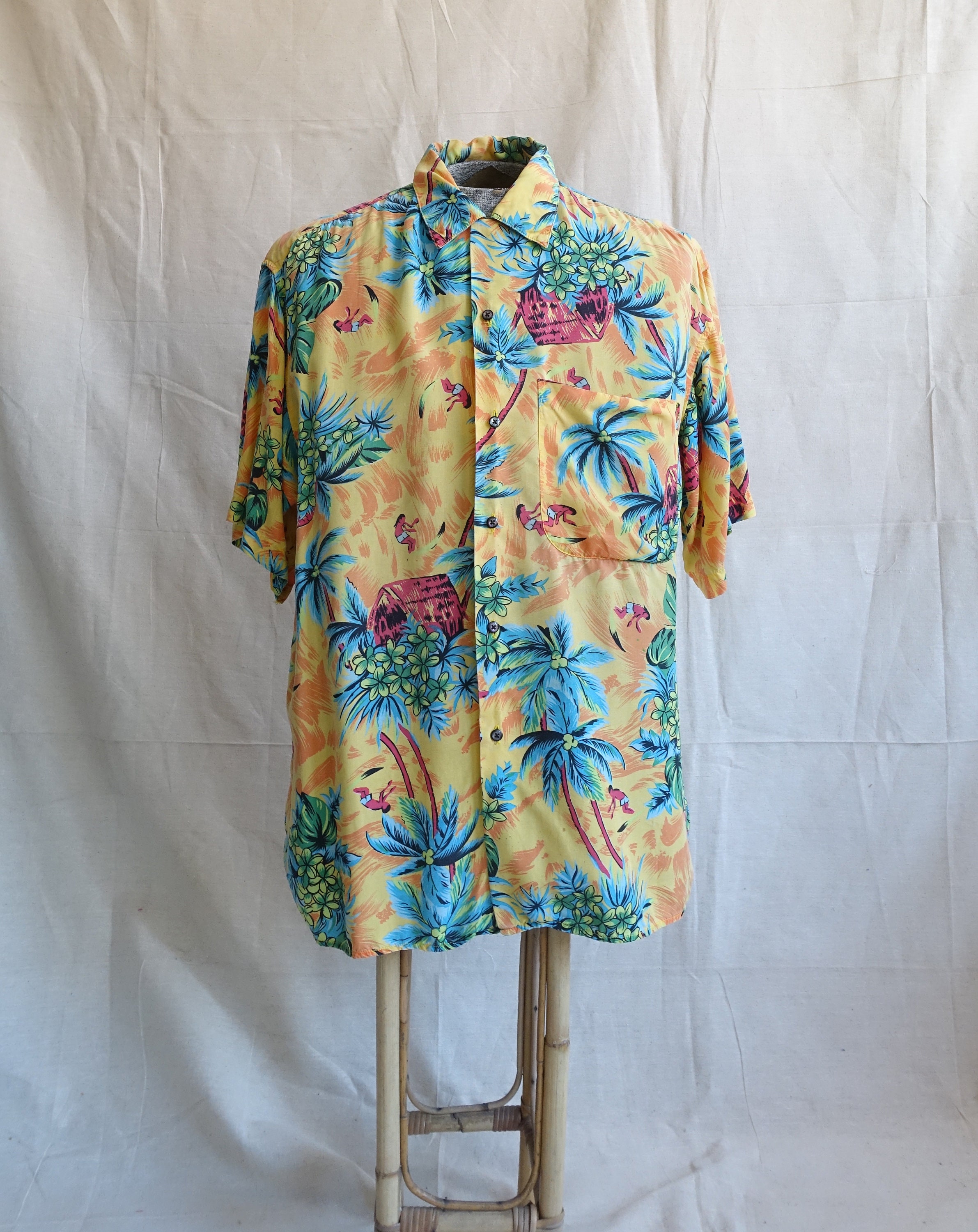 Vintage 90s Rayon Hawaiian Shirt/ 1990s GAP Surfer Palm Tree | Etsy