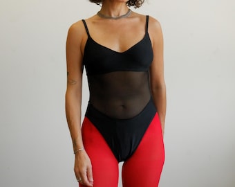Vintage 90s Anne Cole Mesh Panel Black Swimsuit/ 1990s High Cut Bathing Suit/ Size Small