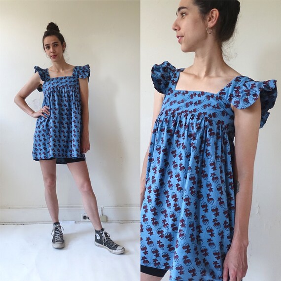 Vintage 70s Block Printed Indian Cotton Mini Dress