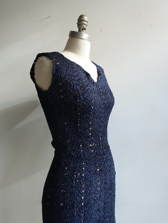 Vintage 40s 50s Navy Ribbon Dress/ 1940s Crochet … - image 5
