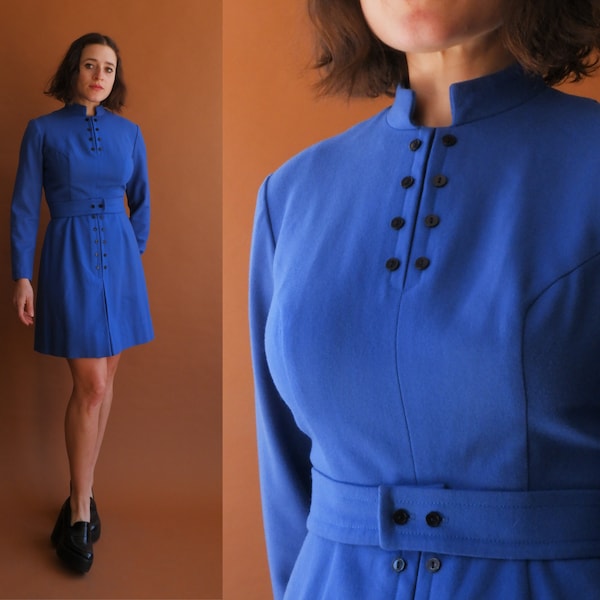 Vintage 70s Blue Lanz Long Sleeve Mini Dress with Belt/ Size Small 26
