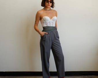 Pantalones vintage de los años 80 color pizarra con cinturón de cuero / Talla XXS 23