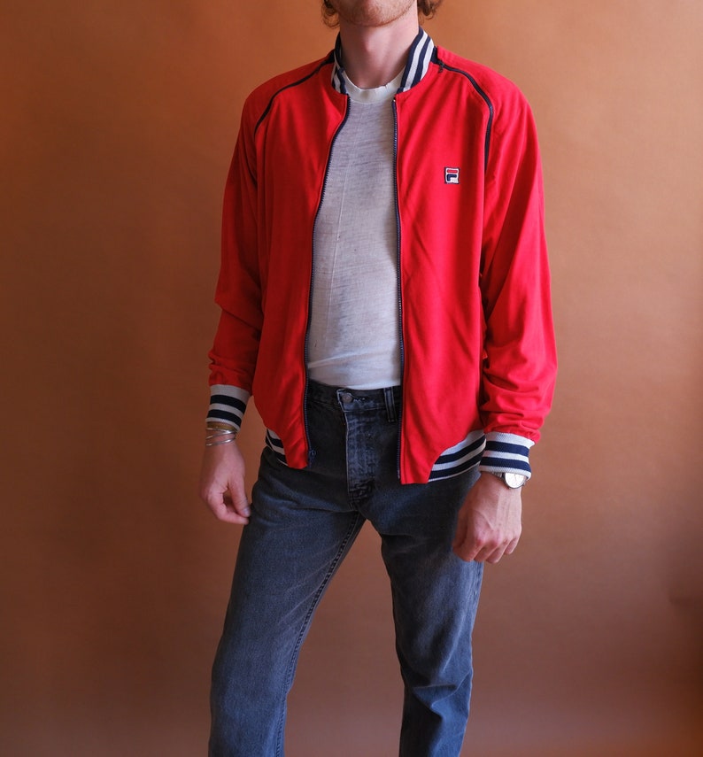 Vintage 70s FILA Red Track Jacket/ 1970s Zip Off Sleeve Red Blue Velour Jacket/ Size Large image 1