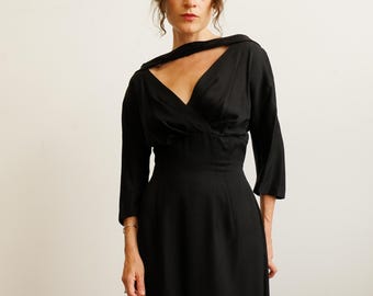 Vintage 50s 60s Black Keyhole Dress/ 1950s Cutout Sheath/ Size Medium