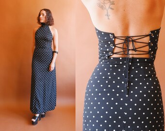 Vintage 70s Polka Dot Halter Dress with Corseted Lace Up Back/ 1970s Black White Maxi Dress/ Size XS 25