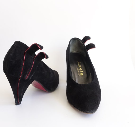 Vintage 80s Black Suede Winged Pumps with Red Pip… - image 8