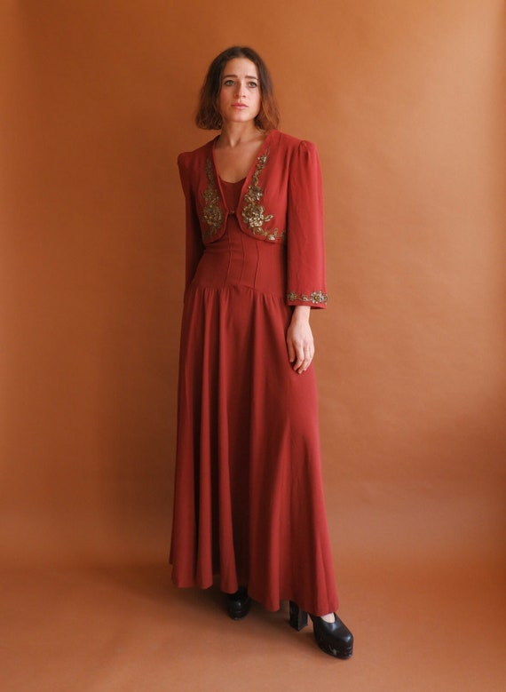 Vintage 40s Rust Gown with Bell Sleeve Bolero/ 19… - image 2
