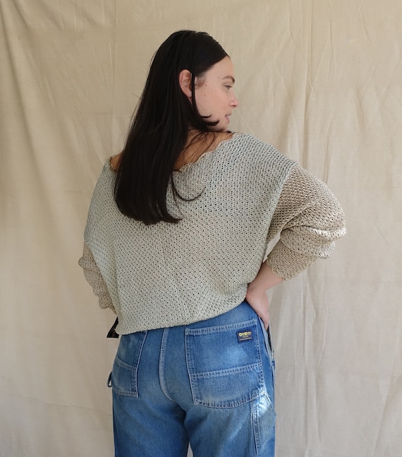 Vintage 80s Donna Karan Two Tone Open Weave Sweater Top/ 1980s