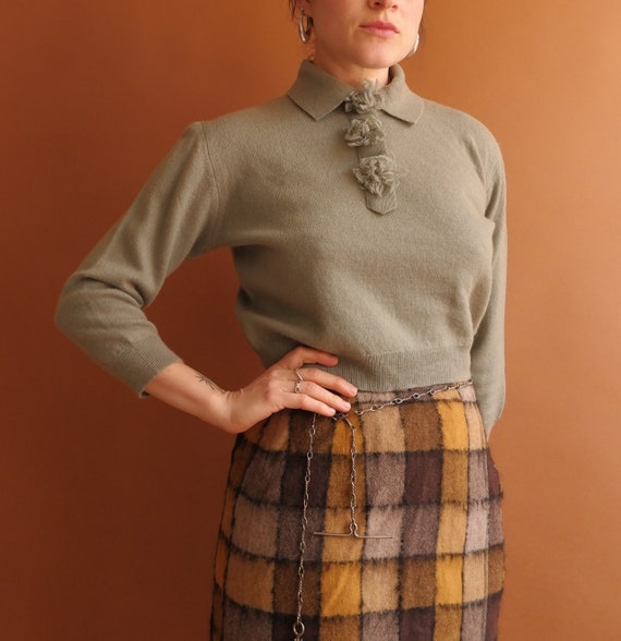 Vintage 50s Cropped Sage Sweater with Pom Poms/ 1… - image 7