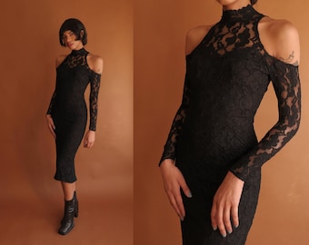 Vintage Black Lace Cold Shoulder Dress/ Size XS Small