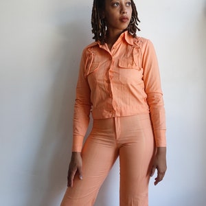 Vintage 70s Peach Lace Up Pants Suit/ 1970s Wendy Watts High Waisted Bell Bottoms/ Matching Jacket/ Stage Wear/ Size Small image 8