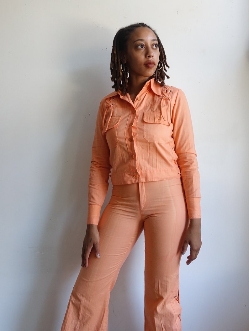 Vintage 70s Peach Lace Up Pants Suit/ 1970s Wendy Watts High Waisted Bell Bottoms/ Matching Jacket/ Stage Wear/ Size Small image 8