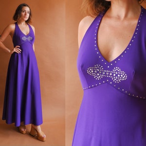 Vintage 70s Rhinestone Halter Dress/ 1970s Disco Studded Purple Maxi Dress/ Size Small