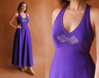 Vintage 70s Rhinestone Halter Dress/ 1970s Disco Studded Purple Maxi Dress/ Size Small