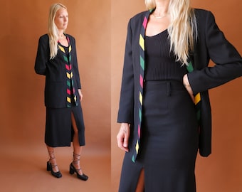 Vintage 80s Mondí Stripe Trim Wool Suit / 1980s Black Skirt Suit / Size Small
