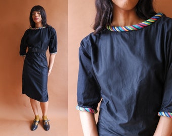 Vintage 80s Geoffrey Beene Rainbow Trim Dress/ 1980s 3D Piping Black Polished Cotton Dress/ Size XS Small