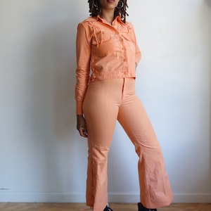 Vintage 70s Peach Lace Up Pants Suit/ 1970s Wendy Watts High Waisted Bell Bottoms/ Matching Jacket/ Stage Wear/ Size Small image 7