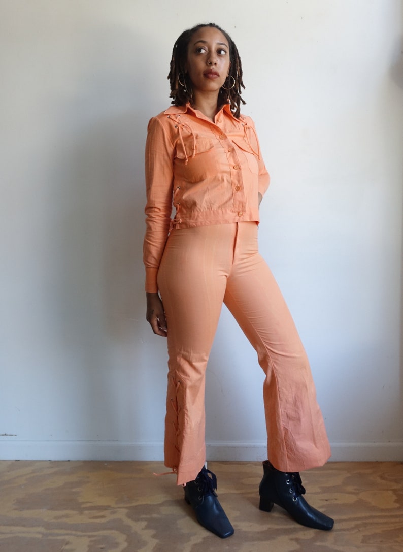 Vintage 70s Peach Lace Up Pants Suit/ 1970s Wendy Watts High Waisted Bell Bottoms/ Matching Jacket/ Stage Wear/ Size Small image 7