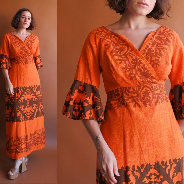 Vintage 70s Alfred Shaheen Barkcloth Tiki Dress/ 1970s Bell Sleeve Hawaiian Maxi Dress/ Size Medium