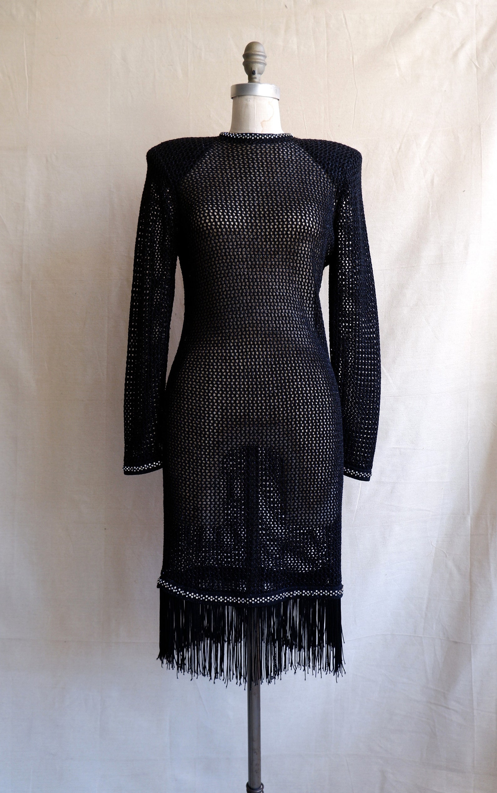 Vintage 80s Knit Mesh Dress with Rhinestones and Fringe/ 1980s | Etsy