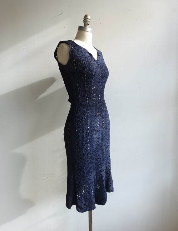 Vintage 40s 50s Navy Ribbon Dress/ 1940s Crochet … - image 4