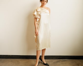 Vintage 80s One Shoulder Ivory Ruffle Shift Dress/ 1980s Bridal Wedding Dress/ Size Small