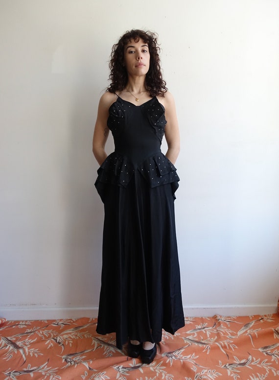 Vintage 40s Black Rhinestoned Peplum Gown/ 1940s Taffeta Spaghetti Strap  Dress With Ruffle Layers/ Size XS Small - Etsy Israel