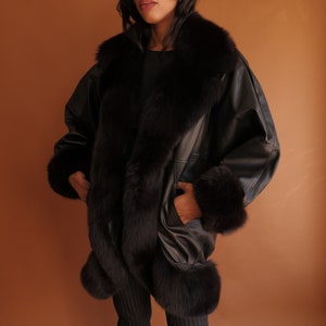 Vintage 80s Jean Claude Jitrois Leather and Fur Cocoon Coat/ Fox Fur Dolman Sleeve image 8