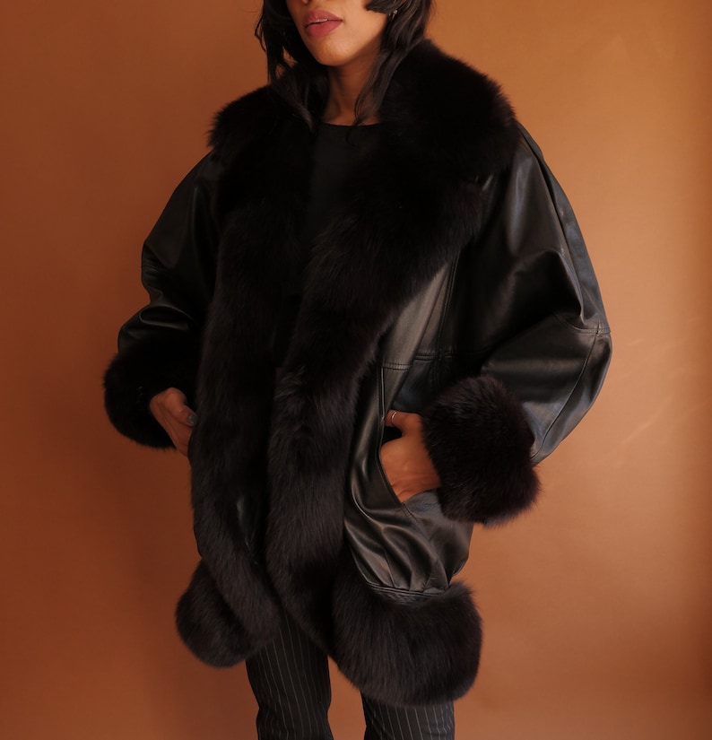 Vintage 80s Jean Claude Jitrois Leather and Fur Cocoon Coat/ Fox Fur Dolman Sleeve image 8