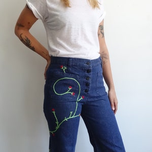 SALE Vintage 70s Embroidered Button Fly Denim/ 1970s Sailor Pants/ Dark Wash/ American Denim/ Size Medium 30 image 3