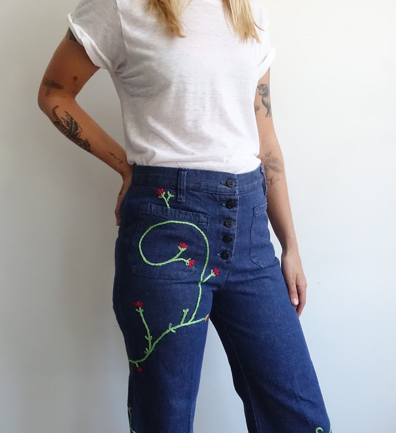 SALE Vintage 70s Embroidered Button Fly Denim/ 1970s Sailor Pants/ Dark Wash/ American Denim/ Size Medium 30 image 3