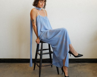 Vestido columna de seda pintado a mano estilo vintage de los años 80 con fajín / Talla mediana