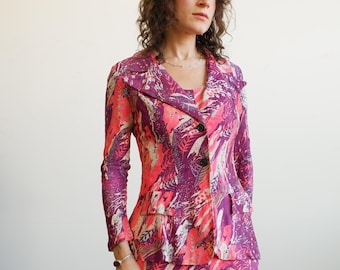 Vintage 70s Abstract Print Maxi Dress and Jacket Set/ Size Small