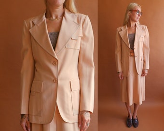 Vintage 70s Ted Lapidus Peach Suit/ 1970s Blazer and Pleated Skirt Matching Set/ Spring Suit/ Size Small