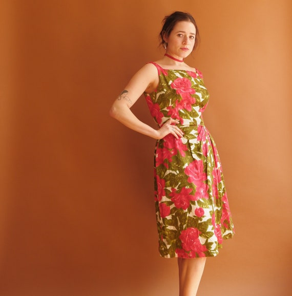 Vintage 50s Rose Print Cotton Dress/ 1950s Square… - image 3