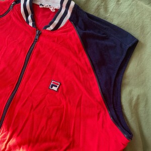 Vintage 70s FILA Red Track Jacket/ 1970s Zip Off Sleeve Red Blue Velour Jacket/ Size Large image 7