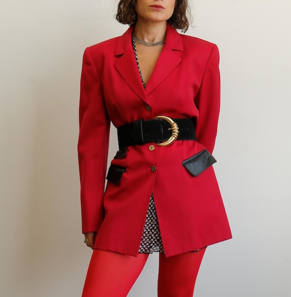 Claude Montana, Vintage 90s Claude Montana Red Blazer with Black Leather Details/ Size Medium