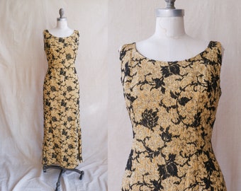 Vintage 60s Gold Brocade Gown/ 1960s Sleeveless Low Back Metallic Floral Dress/ Size Medium