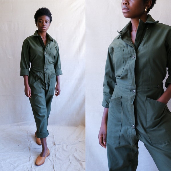 Vintage Green Army Coveralls/ Distressed Fitted Coveralls/ Green Cotton Sateen Military Suit/ Small