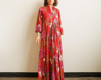 Vintage 70s Colorful Cotton Kaftan Dress/ Size Medium