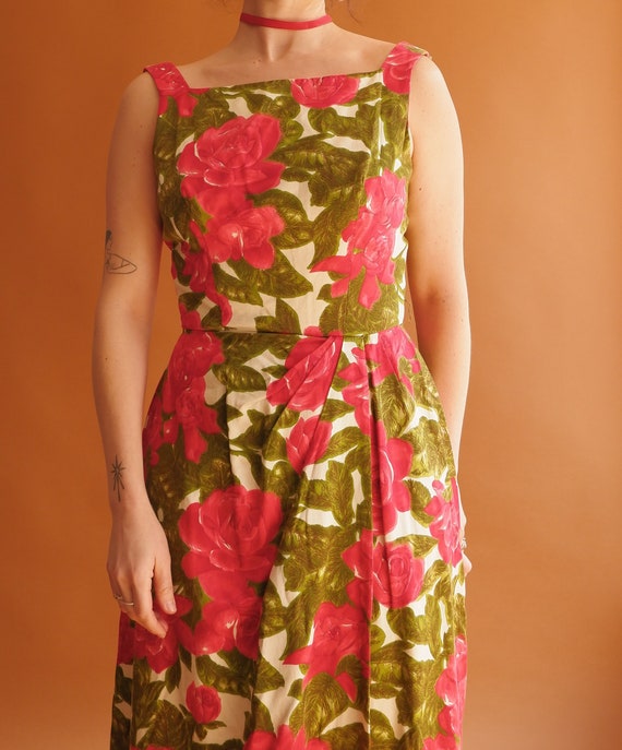 Vintage 50s Rose Print Cotton Dress/ 1950s Square… - image 2