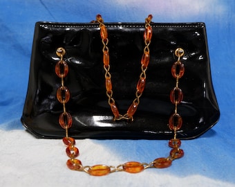 Vintage 60s Patent Leather Handbag with Tortoise Chain Strap