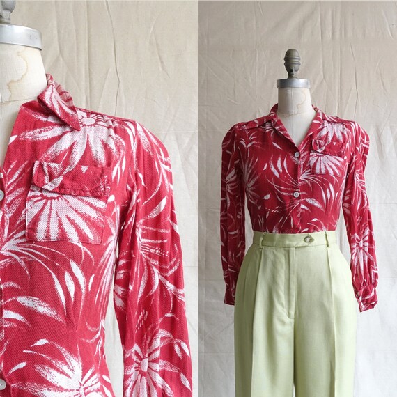 Vintage 40s Floral Blouse with Chest Pocket and Pu
