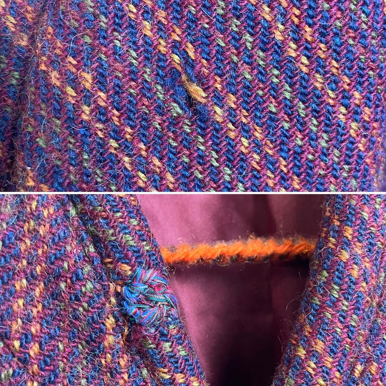 May include: A textured fabric garment featuring a multi-colored herringbone weave in shades of deep blue, magenta, orange, and green. The material has a visible fuzzy surface texture. A single round fabric-covered button is attached to the front.