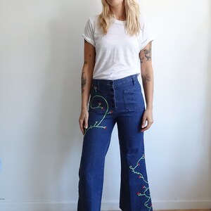 SALE Vintage 70s Embroidered Button Fly Denim/ 1970s Sailor Pants/ Dark Wash/ American Denim/ Size Medium 30 image 2