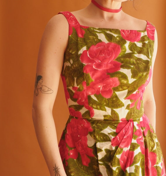 Vintage 50s Rose Print Cotton Dress/ 1950s Square… - image 6