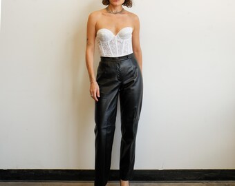 Pantalones rectos de cuero negro vintage / Talla pequeña 26