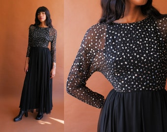 Vintage 60s Beaded Black Chiffon Gown/ size Small